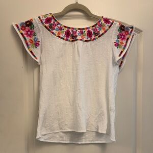THML White Embroidered Scoop-Neck Top with Multicolor Floral Trim
